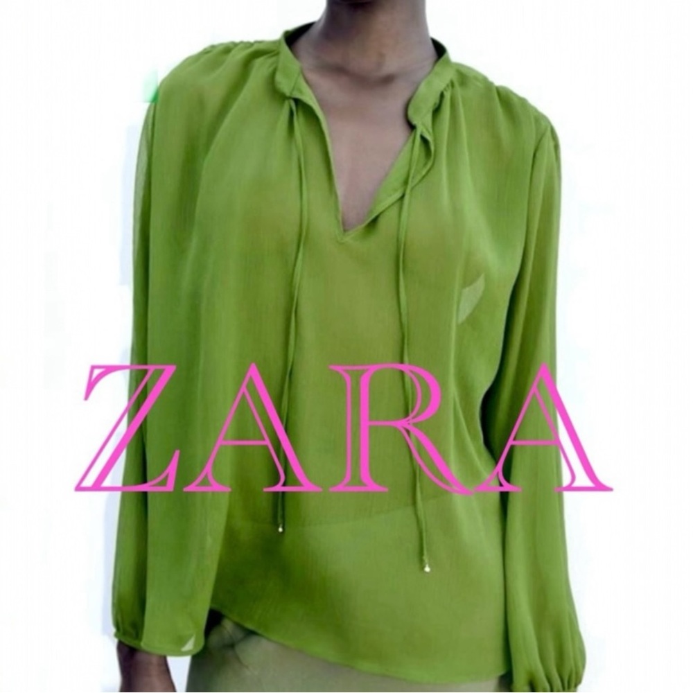 Zara Pistachio Green Sheer Tie‎ Neck Blouse Top Small Relaxed Oversized Flowy